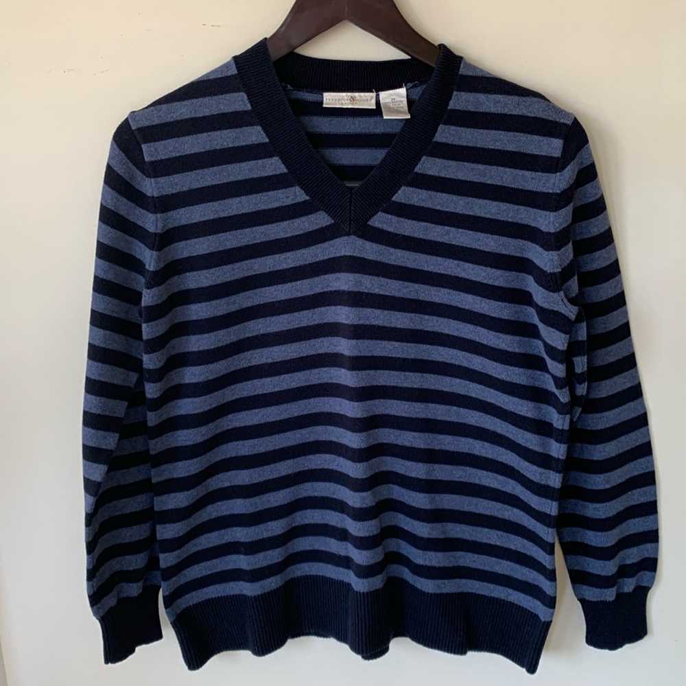 Preswick & Moore Sport Men unisex V Neck Navy Blue Stripe Sweater Size S